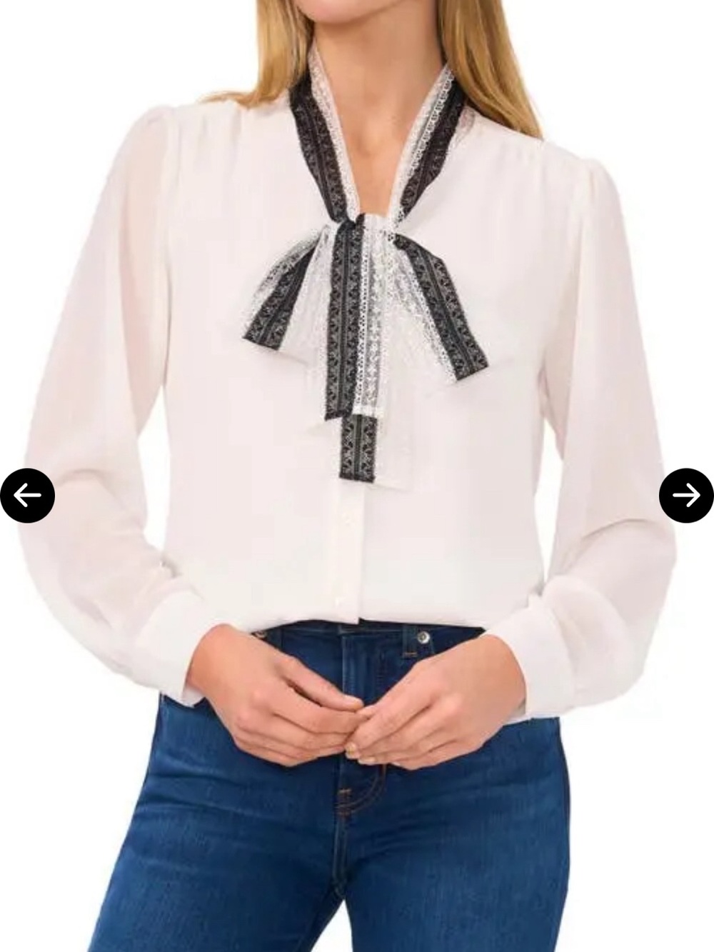 CeCe White Blouse with Black Lace-Trim Bow